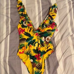 Tropical deep V ruffle one piece bathing suit